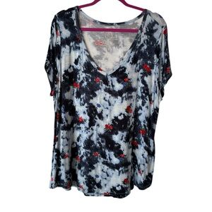 Maurices Blue and White Tie-Dye Top with Red Accents